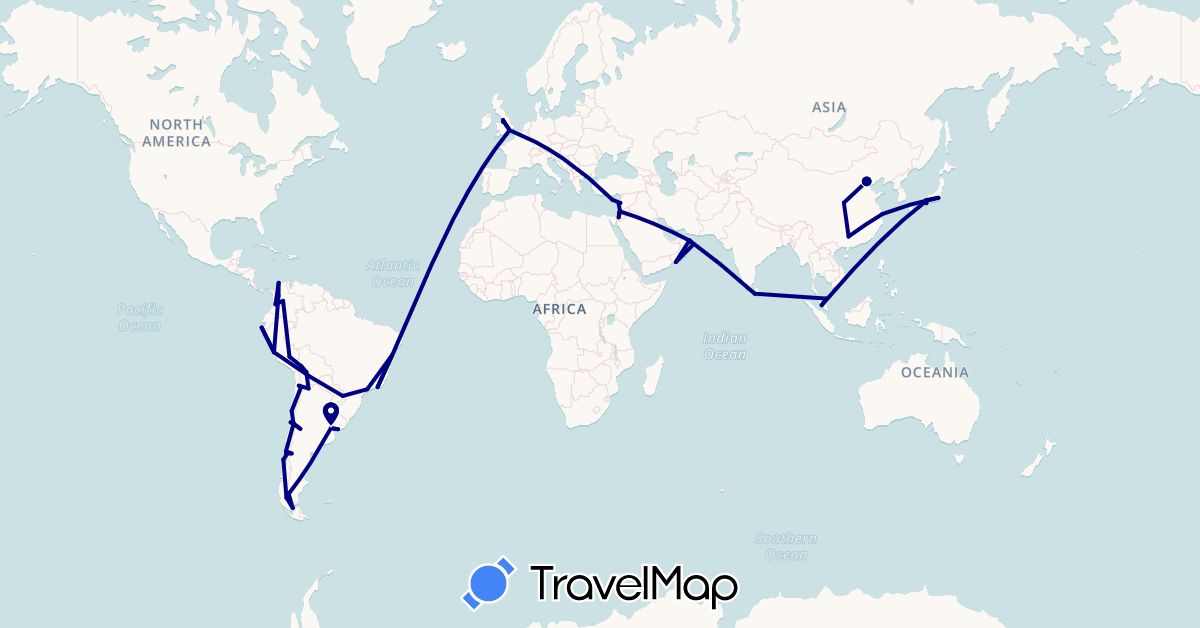 TravelMap itinerary: driving in Argentina, Bolivia, Brazil, Chile, China, Colombia, Cyprus, United Kingdom, Jordan, Japan, Lebanon, Sri Lanka, Malaysia, Oman, Peru, Uruguay (Asia, Europe, South America)